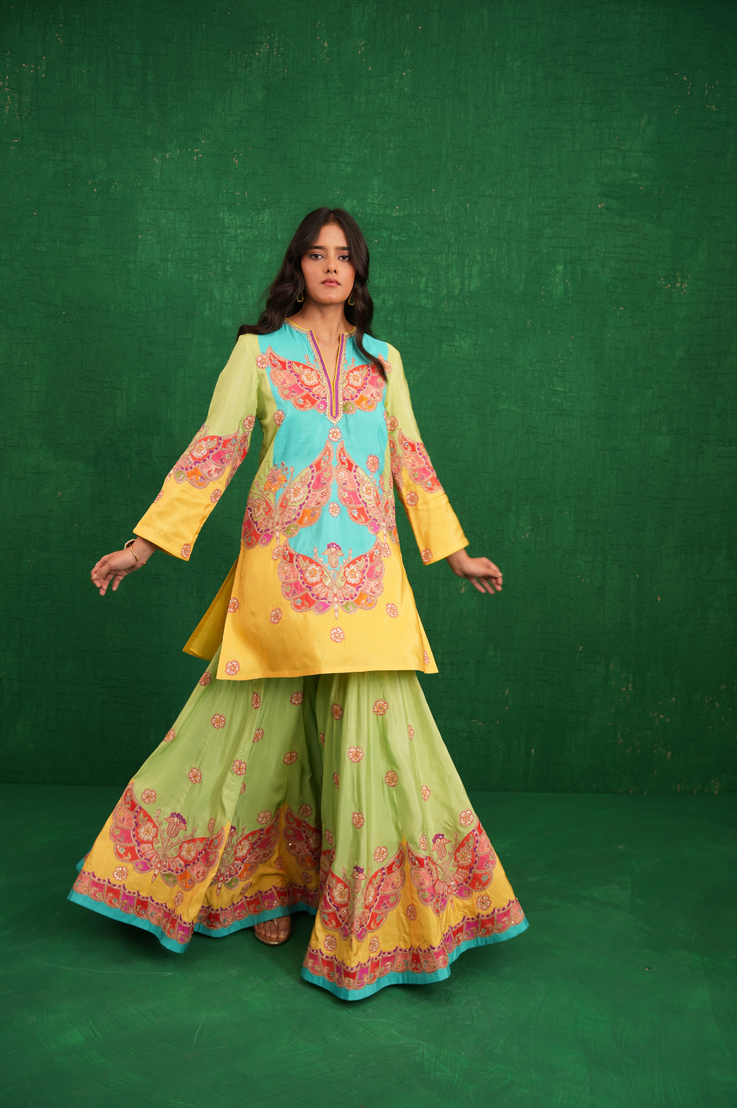 Yellow/turquoise butterfly sharara set