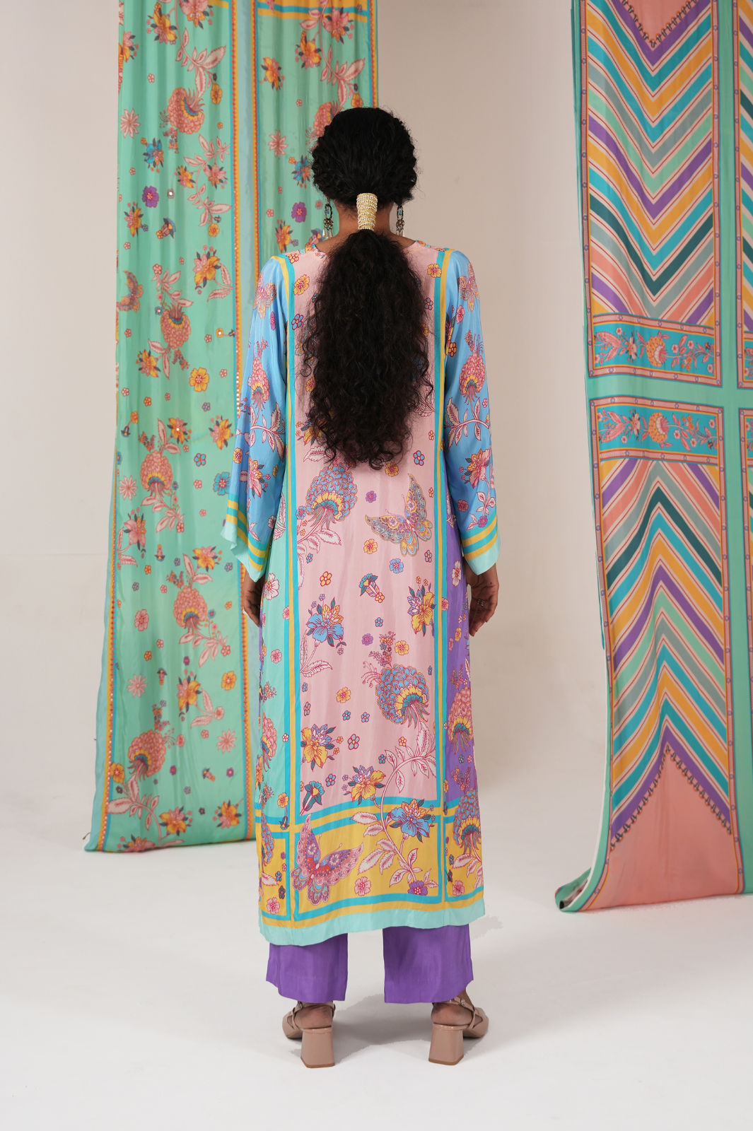Peach Multi Butterfly Panel Kurta Set