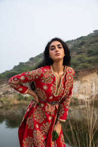 Kamal Red Embroidered Heavy Kurta, Pants And Dupatta