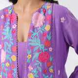 Purple Embroidered Applique Front Open Dress