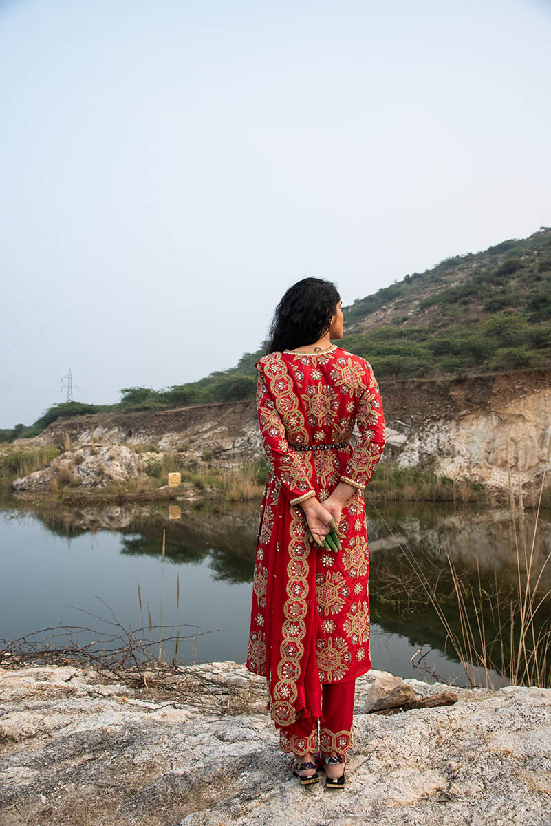 Kamal Red Embroidered Heavy Kurta, Pants And Dupatta