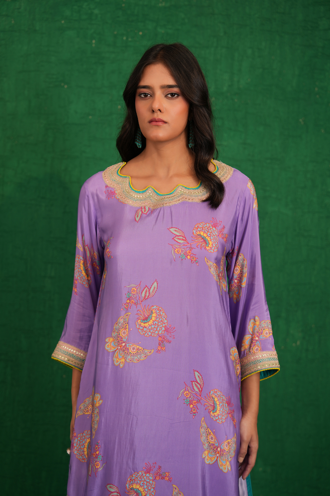 Purple printed embroidered buta jaal kurta set