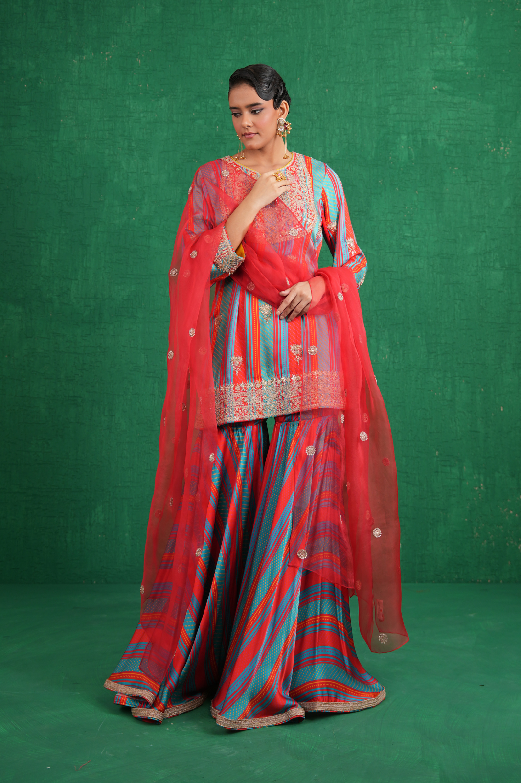 Turquoise red stripe sharara set