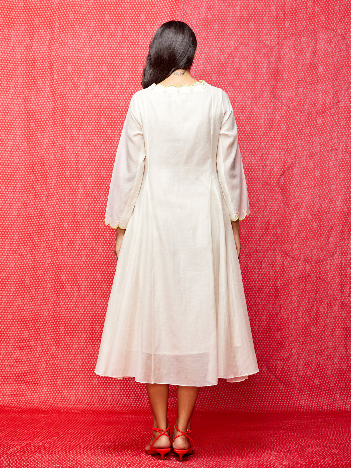 Ivory Embroidered Chanderi Scallop Dress