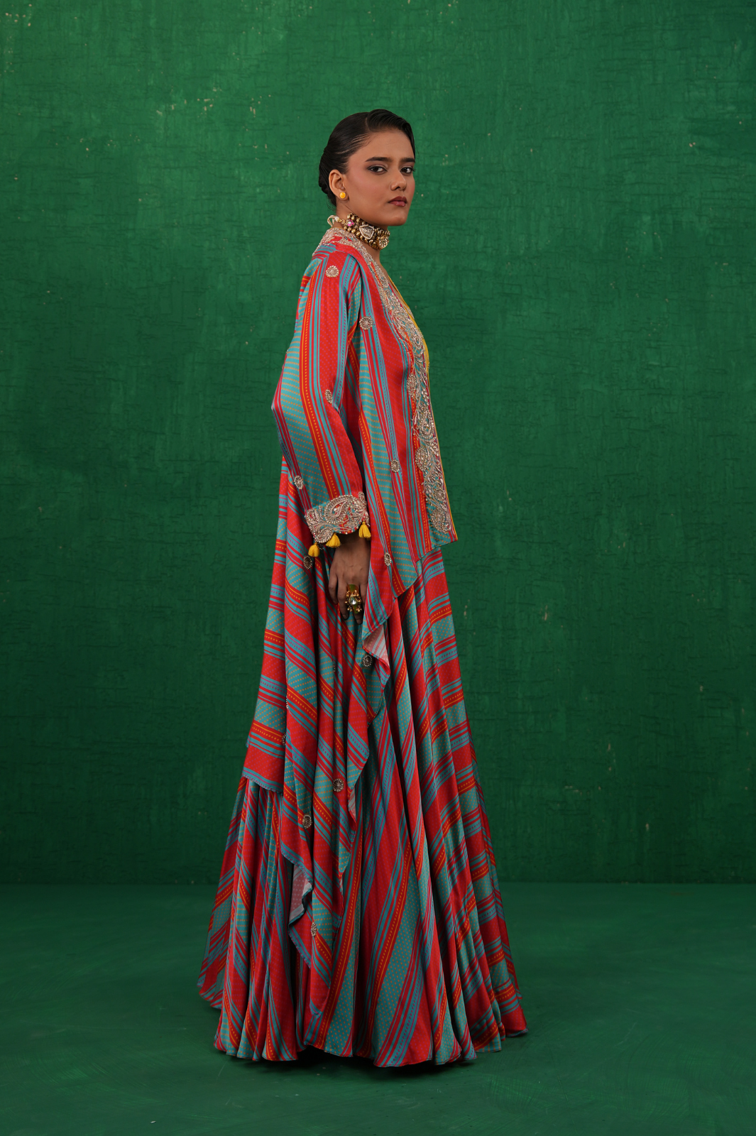 Turquoise red stripe lehenga set