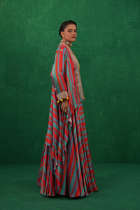 Turquoise red stripe lehenga set