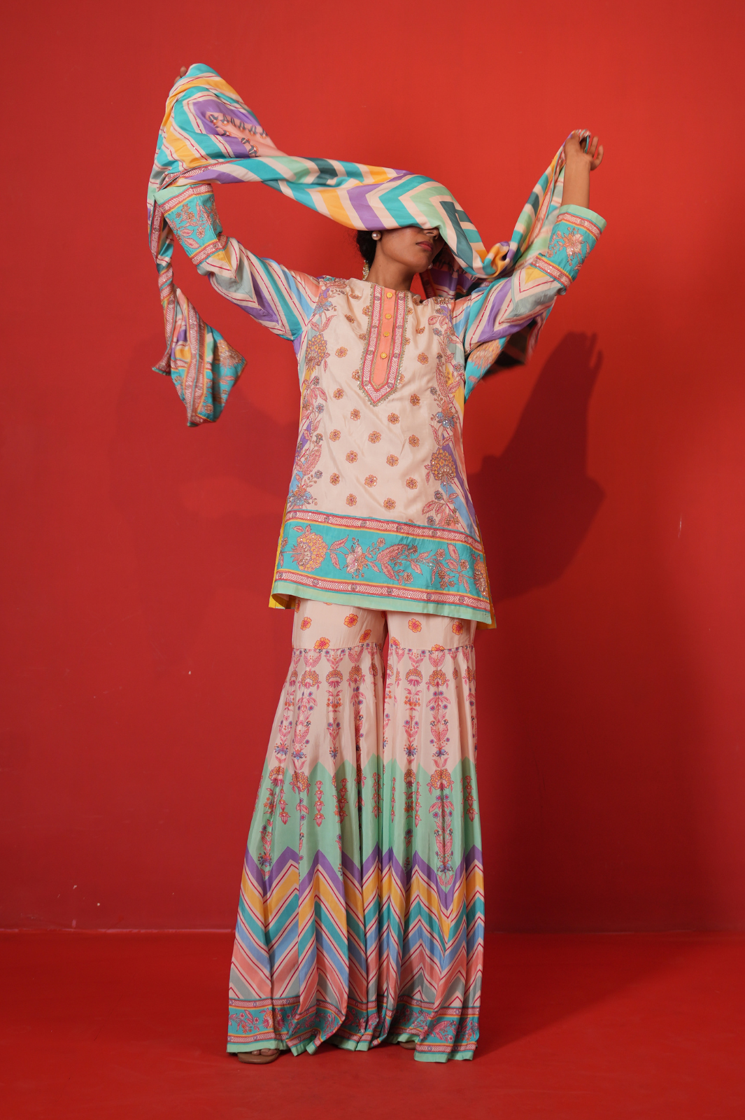 Ivory Multi Chevron Butterfly Sharara Set