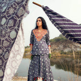 Kamal Navy Skirt Pant With Embroidered Top