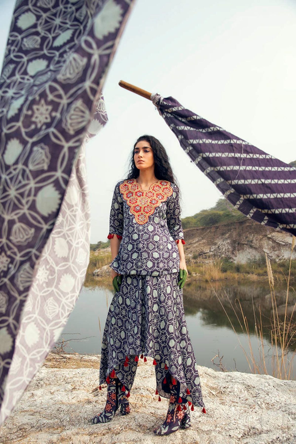 Kamal Navy Skirt Pant With Embroidered Top