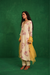 Ivory printed embroidered buta jaal kurta set
