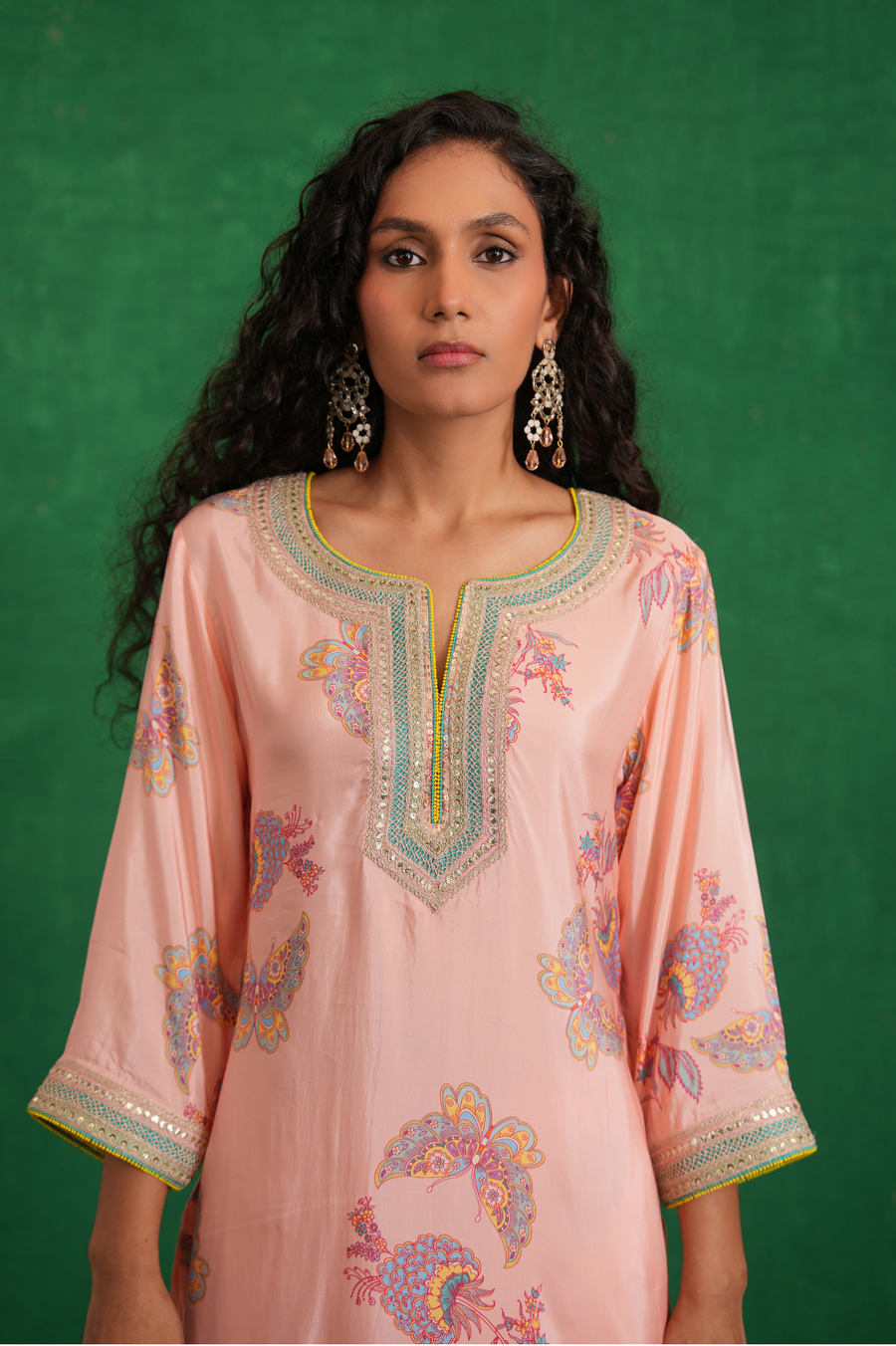 Pink printed embroidered buta jaal kurta set