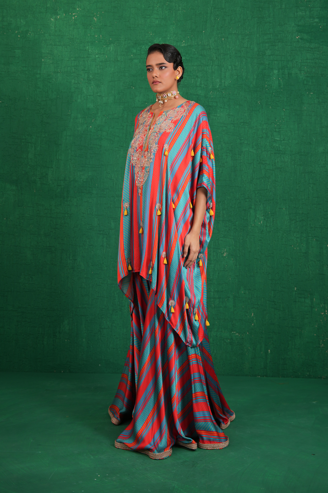 Turquoise red stripe poncho set