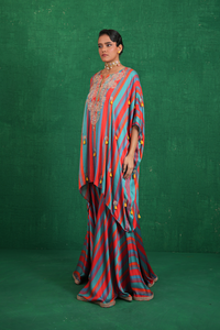 Turquoise red stripe poncho set