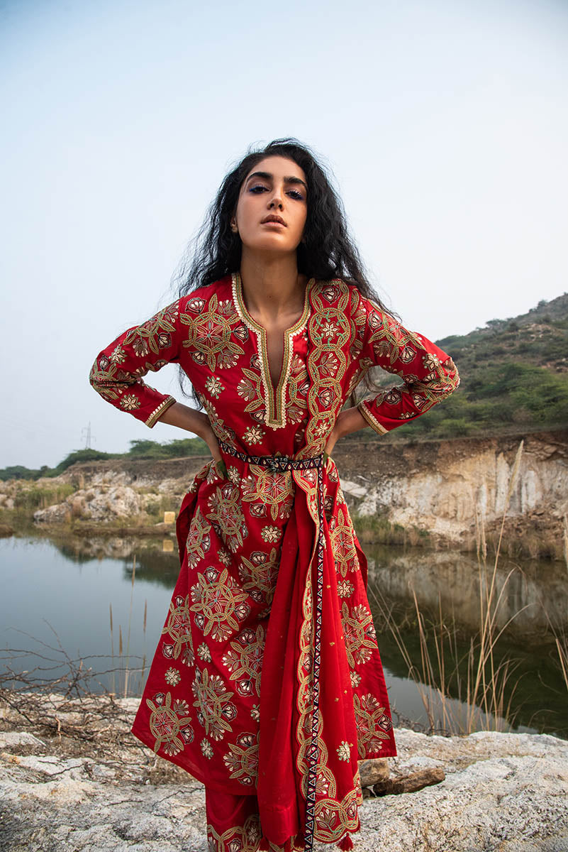 Kamal Red Embroidered Heavy Kurta, Pants And Dupatta