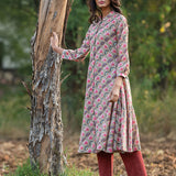 Printed Diagonal Beige Chanderi flared Kurta
