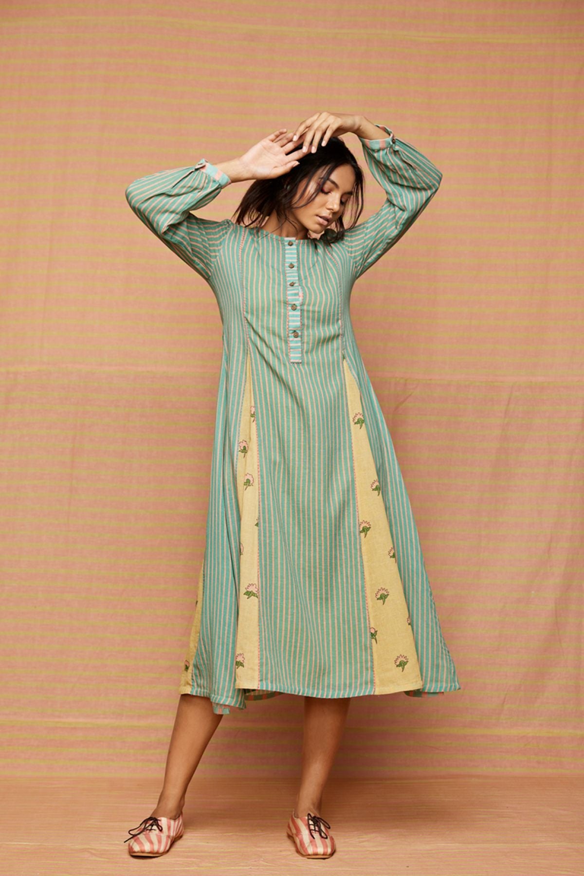Block Printed Buti Striped Panelled A Line Kurta & Dress