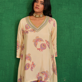 Ivory printed embriodery buta jaal short kurta set