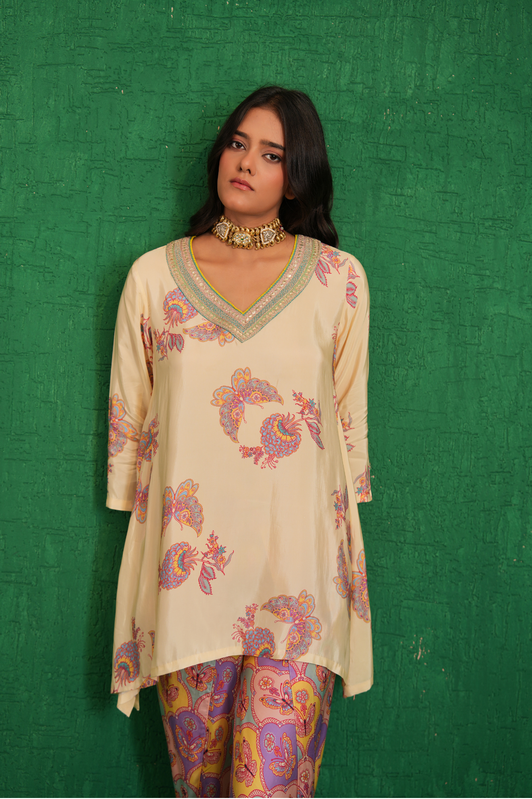 Ivory printed embriodery buta jaal short kurta set
