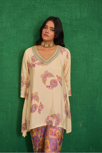 Ivory printed embriodery buta jaal short kurta set
