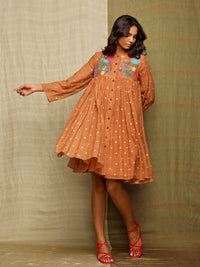 Brown Multicolor Floral Appliqué Silk Chanderi Dress