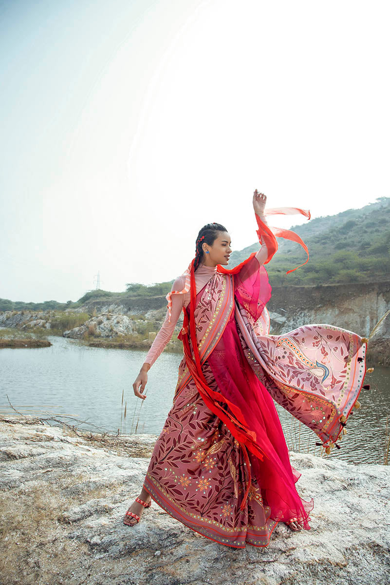 Morbagh Rose Pink Peacock Saree With Blouse