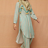 Turquoise High Low Hem Striped Tunic With striped Pants