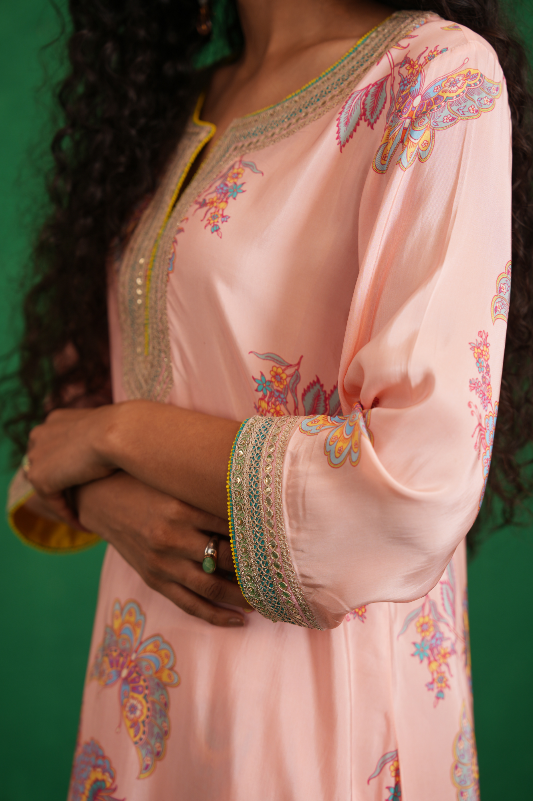 Pink printed embroidered buta jaal kurta set