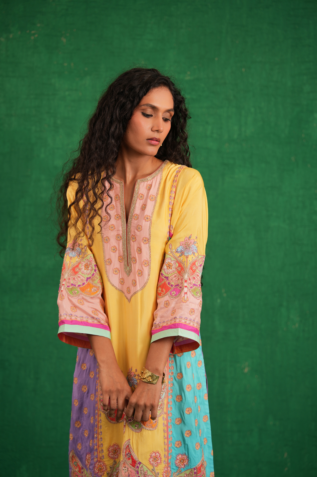 Yellow multi butterfly kurta set