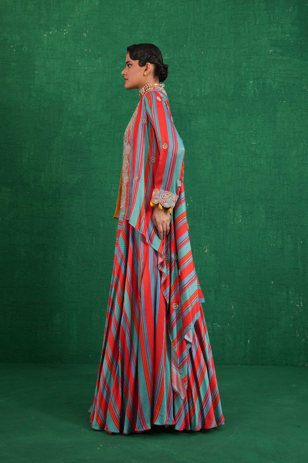 Turquoise red stripe lehenga set