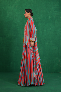 Turquoise red stripe lehenga set