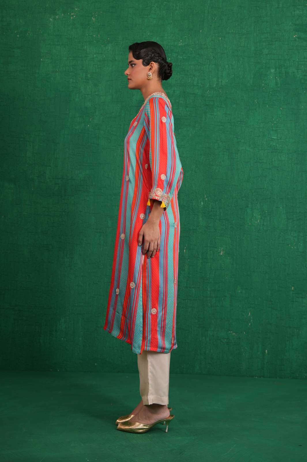 Turquoise red stripe kurta set