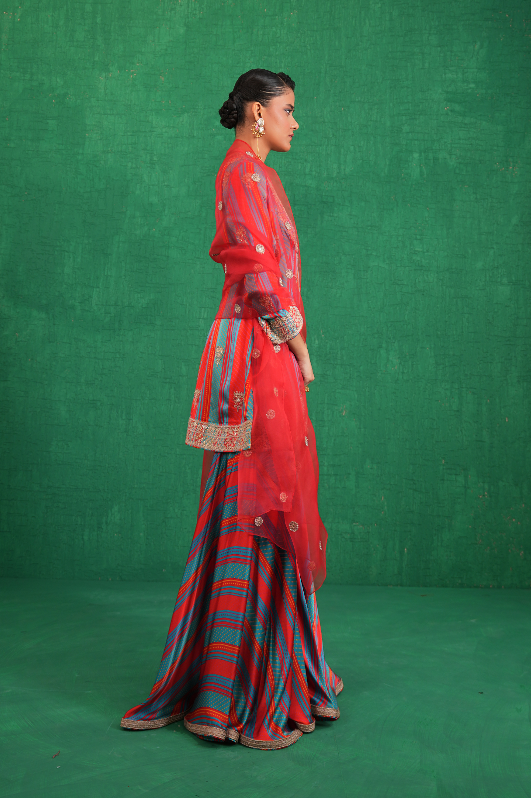 Turquoise red stripe sharara set