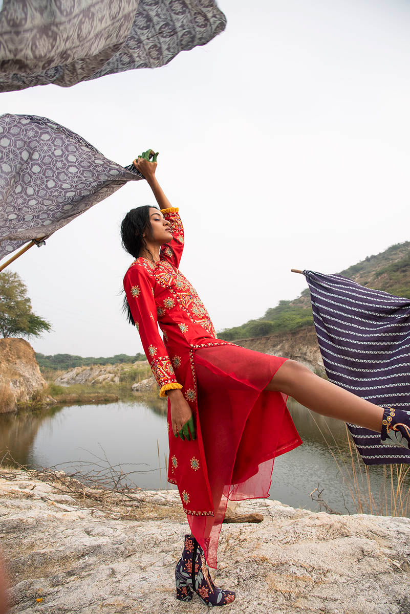 Morbagh Red Heavy Yoke Embroidered Kurta Set