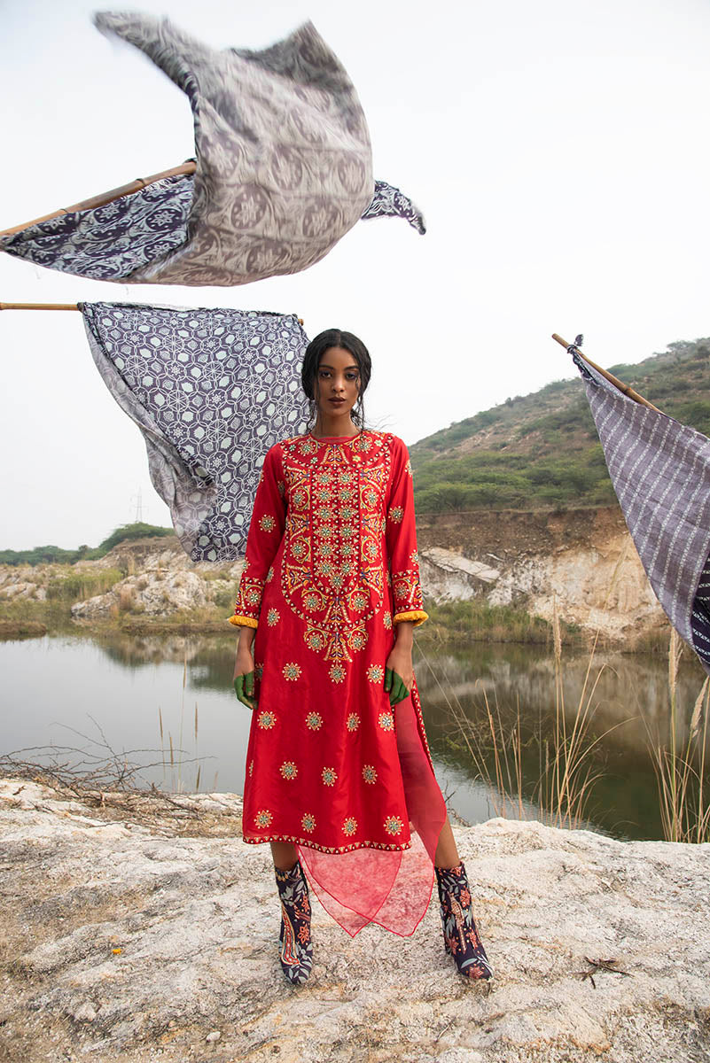 Morbagh Red Heavy Yoke Embroidered Kurta Set
