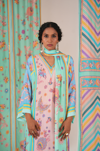 Peach Multi Butterfly Panel Kurta Set