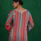Turquoise red stripe kurta set