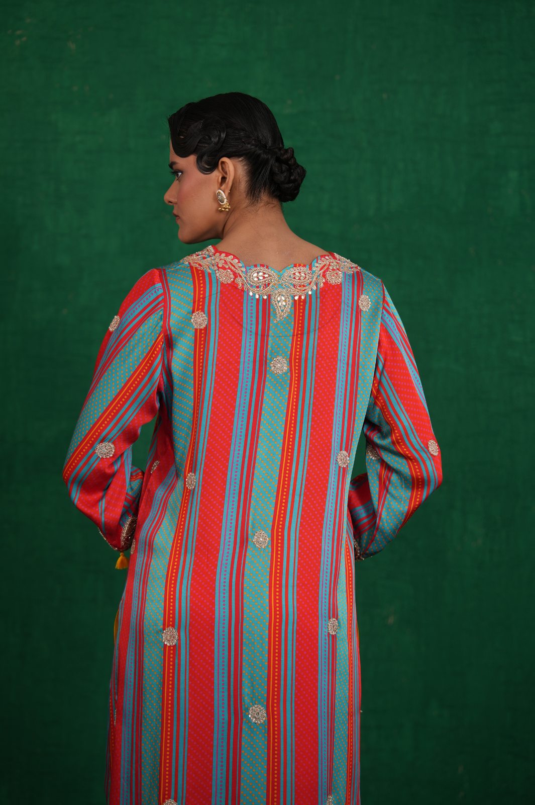 Turquoise red stripe kurta set