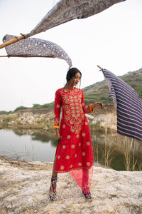 Morbagh Red Heavy Yoke Embroidered Kurta Set