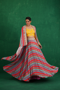 Turquoise red stripe lehenga set