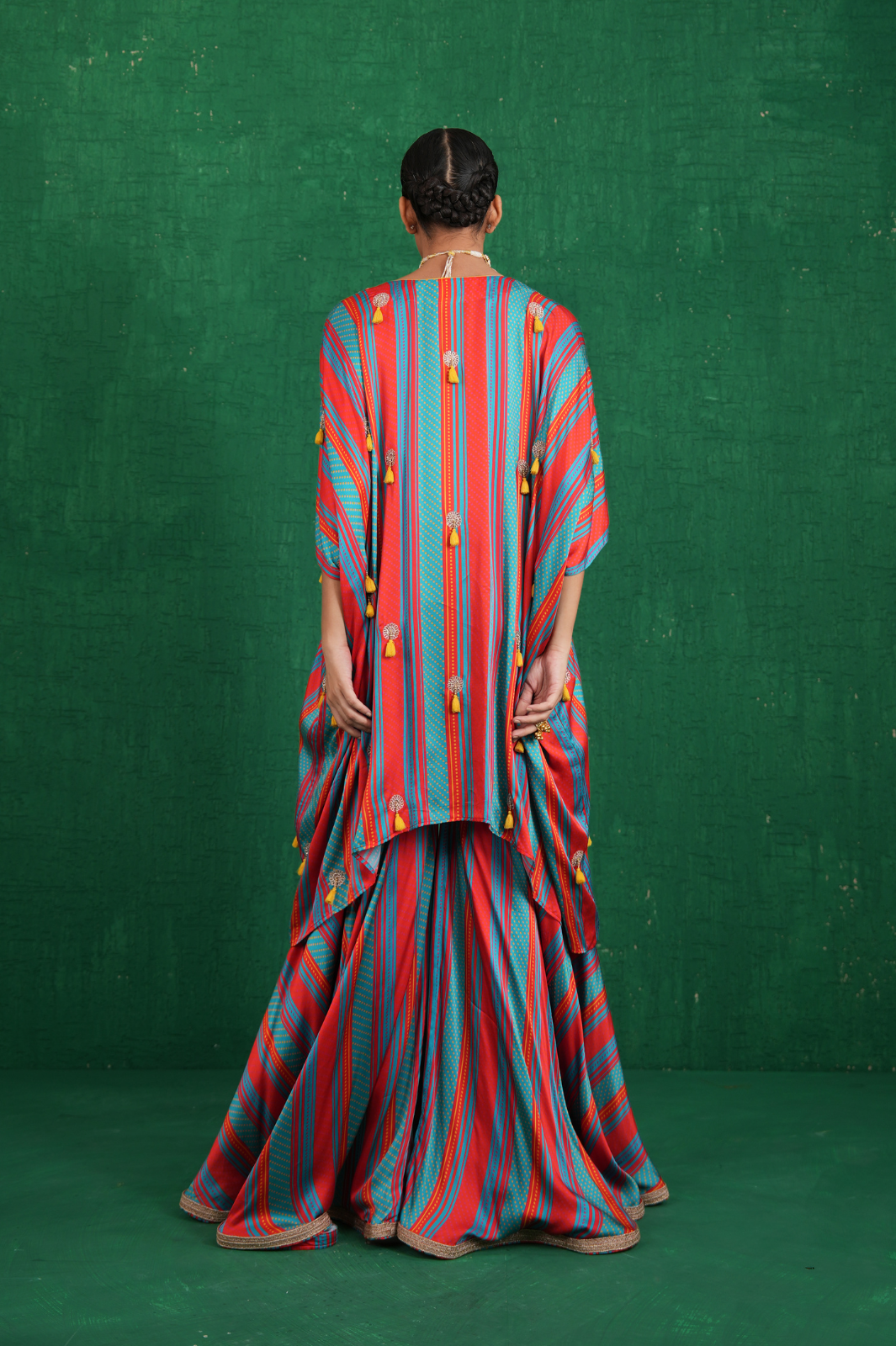 Turquoise red stripe poncho set
