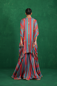 Turquoise red stripe poncho set