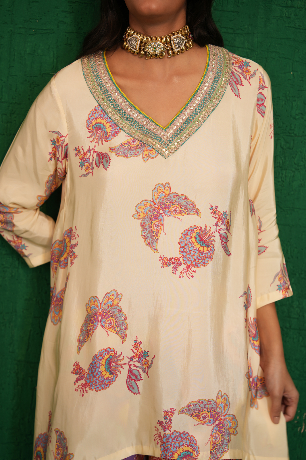 Ivory Printed Embroidery Buta Jaal Short Kurta Set