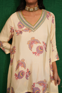 Ivory Printed Embroidery Buta Jaal Short Kurta Set