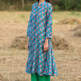 Printed Diagonal Turquoise Chanderi Flared Kurta