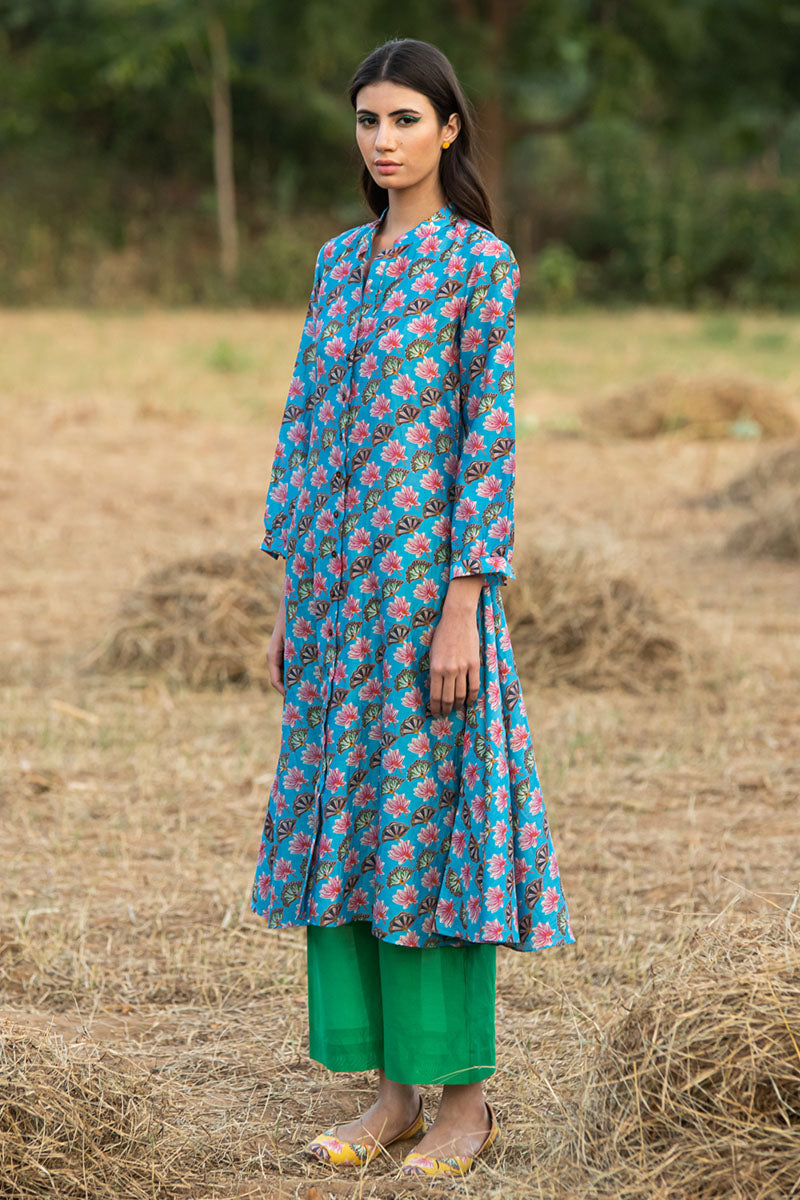 Printed Diagonal Turquoise Chanderi Flared Kurta