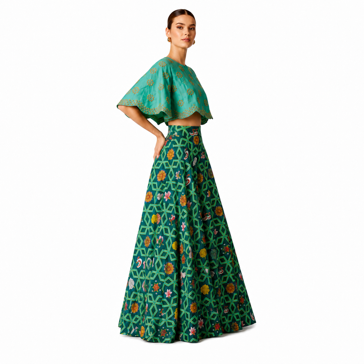 Bundi Printed Embrodiered Teal Zaal Lehenga Set