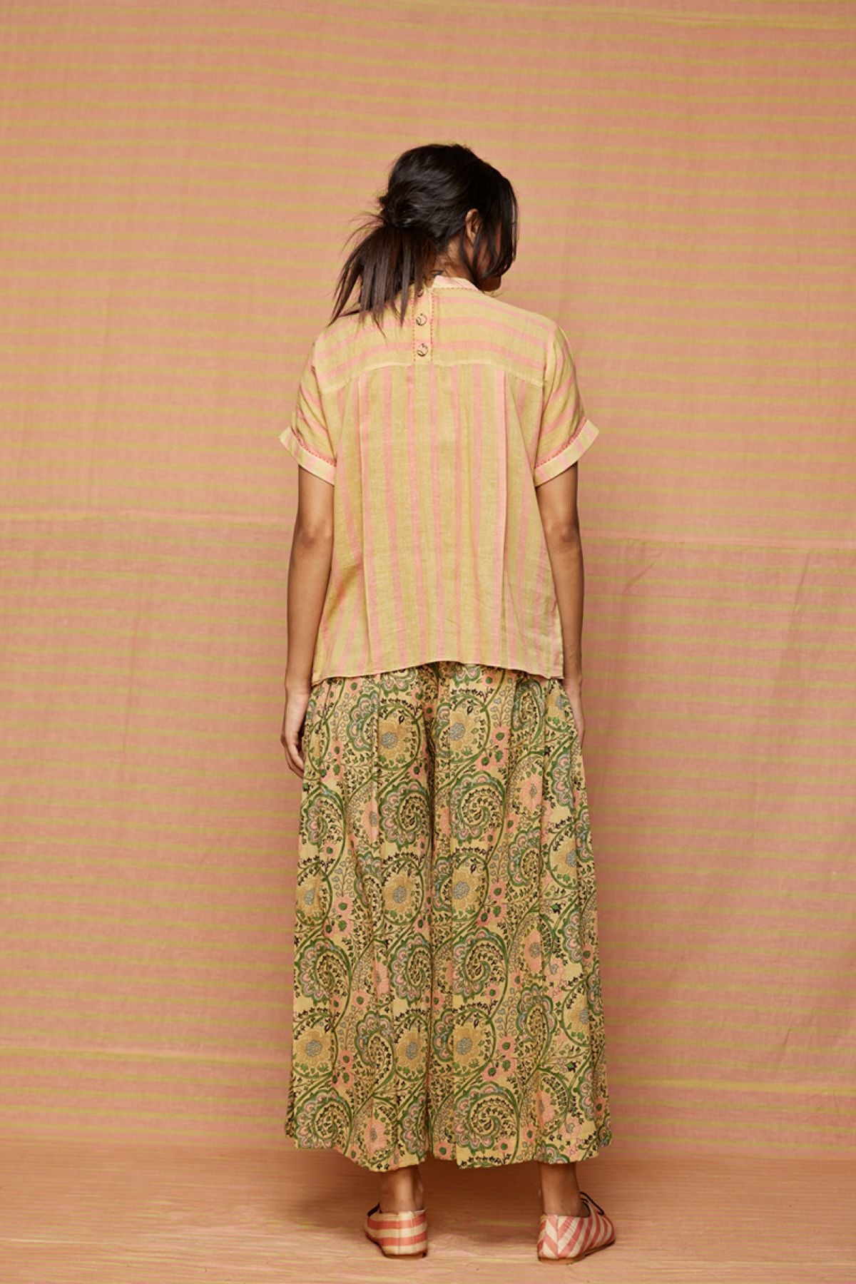 Block Printed Striped Shirt with Pleated Pants