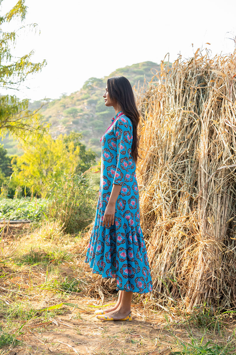 KAMAL BUTA FLARED TURQUOISE BOHO DRESS