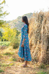 KAMAL BUTA FLARED TURQUOISE BOHO DRESS