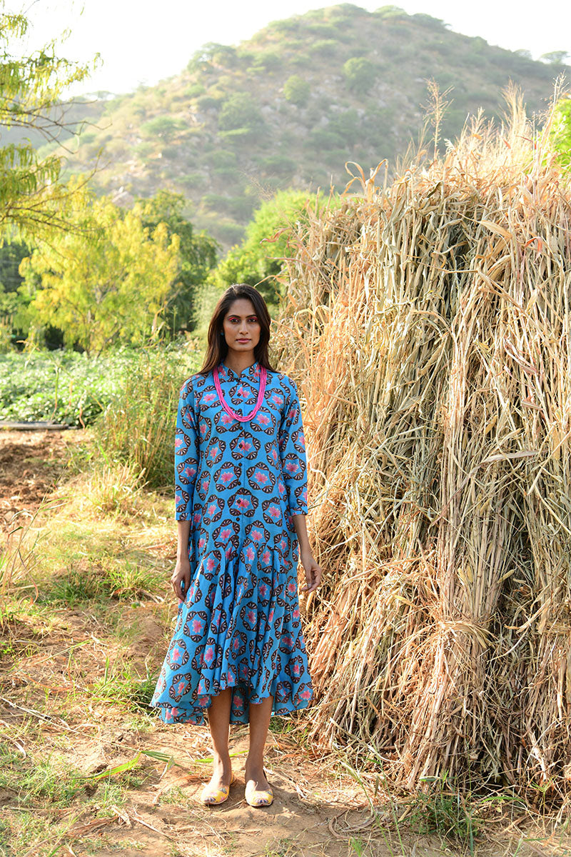 KAMAL BUTA FLARED TURQUOISE BOHO DRESS